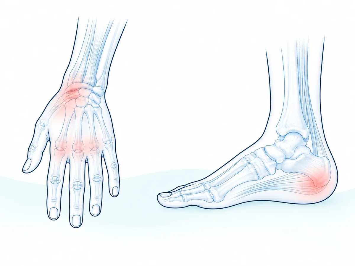 ภาพ 3 มิติแสดงข้อมือ นิ้วมือ และส้นเท้าที่เป็นจุดปวดบ่อย